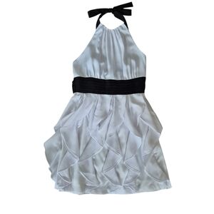 BcbgMaxAzria White & Black Halter Top Mini Dress With Waterfall Ruffle Skirt